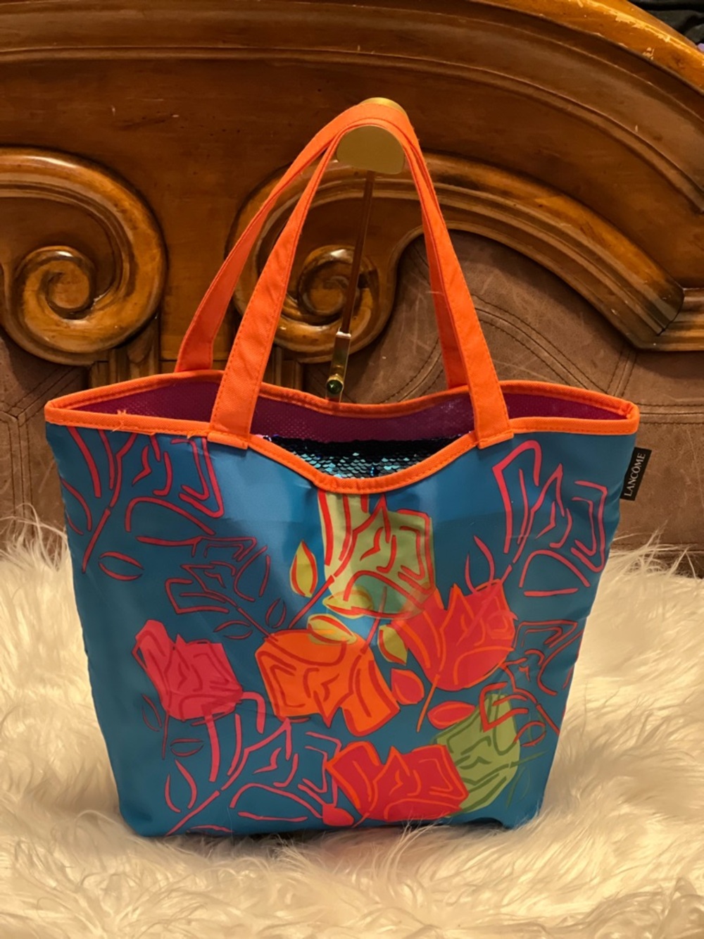Lancome Blue Floral Tote with Orange Handles